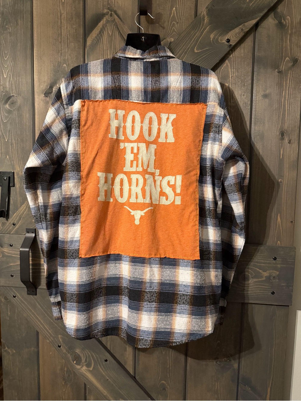 Upcycled Texas Longhorns Flannel Shirt with Orange 'Hook 'Em Horns' Back Patch L